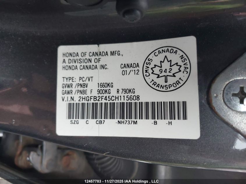 2012 Honda Civic Lx VIN: 2HGFB2F45CH115608 Lot: 12457783