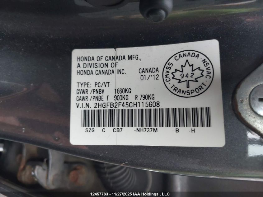 2012 Honda Civic Lx VIN: 2HGFB2F45CH115608 Lot: 12457783
