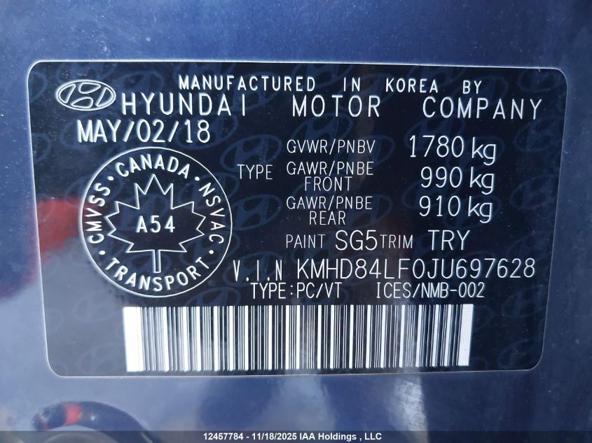 2018 Hyundai Elantra VIN: KMHD84LF0JU697628 Lot: 12457784