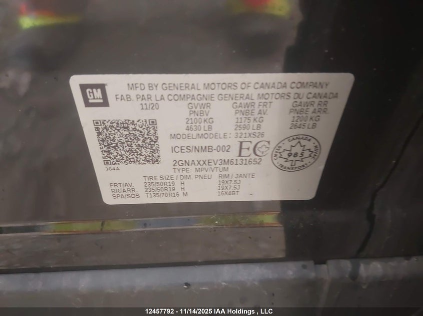 2GNAXXEV3M6131652 2021 CHEVROLET EQUINOX photo no. 9