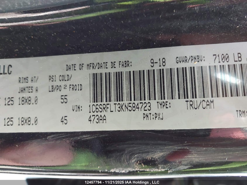 2019 Dodge Ram 1500 VIN: 1C6SRFLT3KN584723 Lot: 12457794