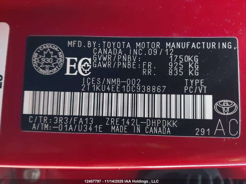 2013 Toyota Matrix VIN: 2T1KU4EE1DC938867 Lot: 12457797