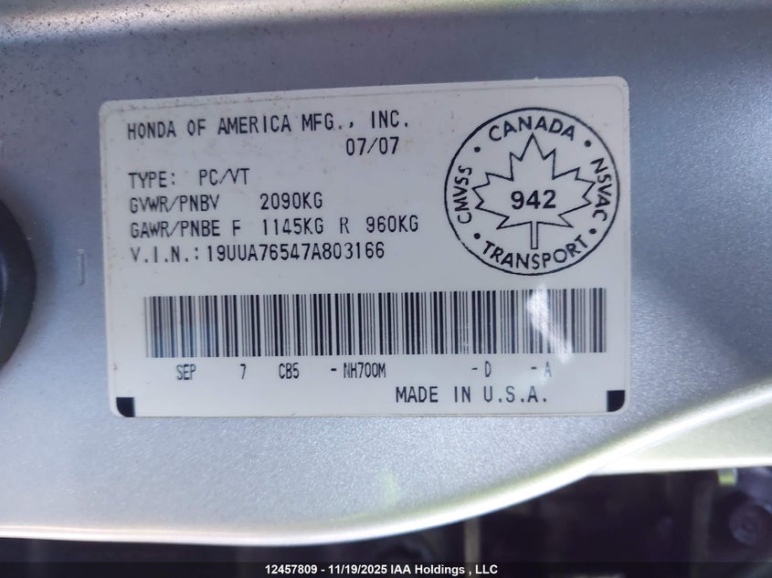 2007 Acura Tl Type S VIN: 19UUA76547A803166 Lot: 12457809