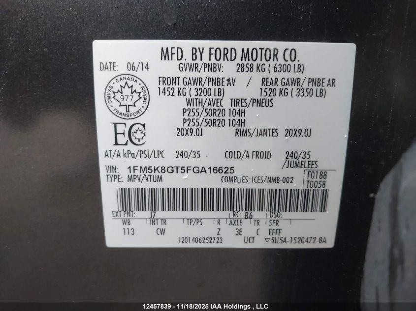2015 Ford Explorer Sport VIN: 1FM5K8GT5FGA16625 Lot: 12457839