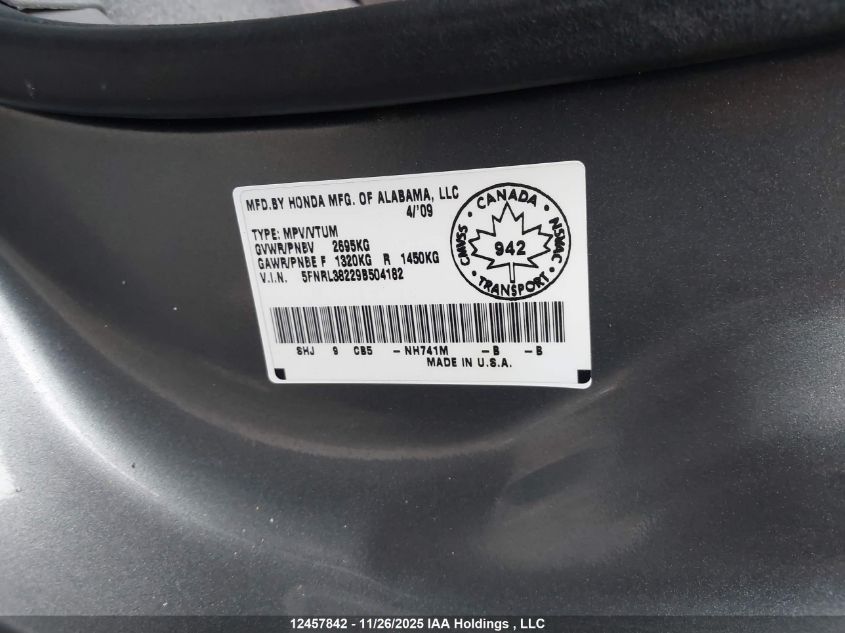 2009 Honda Odyssey VIN: 5FNRL38229B504182 Lot: 12457842