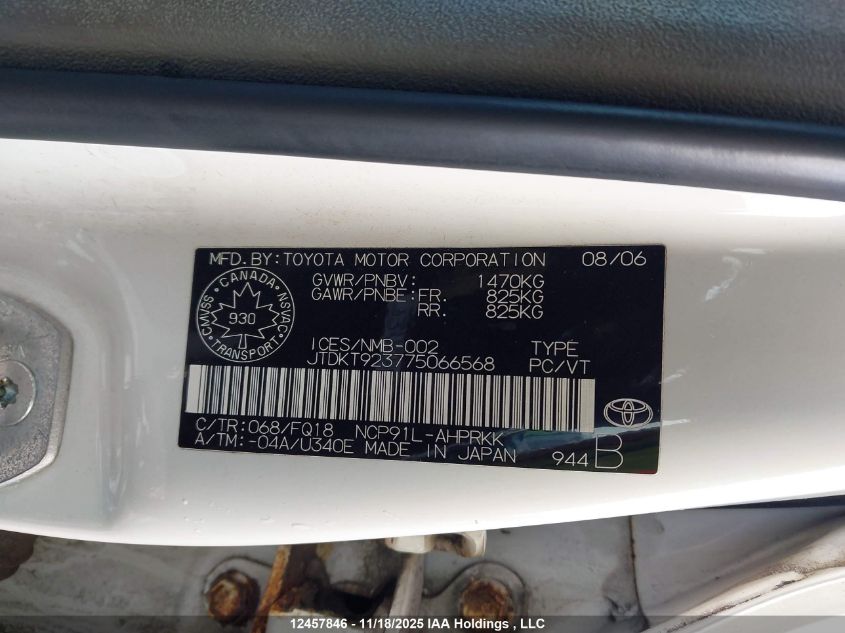 2007 Toyota Yaris VIN: JTDKT923775066568 Lot: 12457846