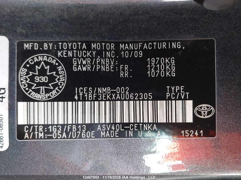 2010 Toyota Camry Le VIN: 4T1BF3EKXAU062305 Lot: 12457853