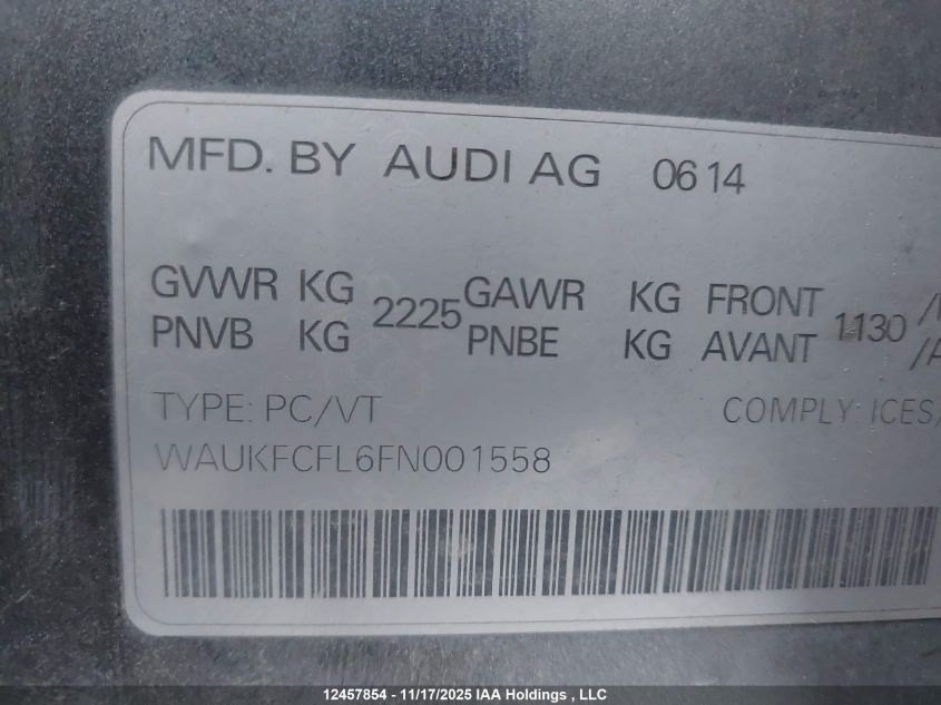 2015 Audi A4 2.0T Technik Plus VIN: WAUKFCFL6FN001558 Lot: 12457854