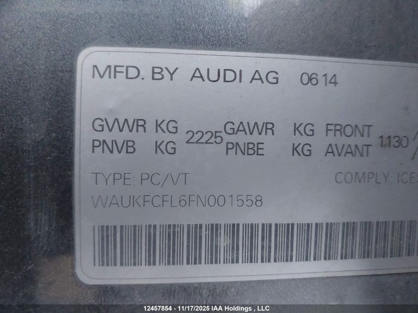 2015 Audi A4 2.0T Technik Plus VIN: WAUKFCFL6FN001558 Lot: 12457854