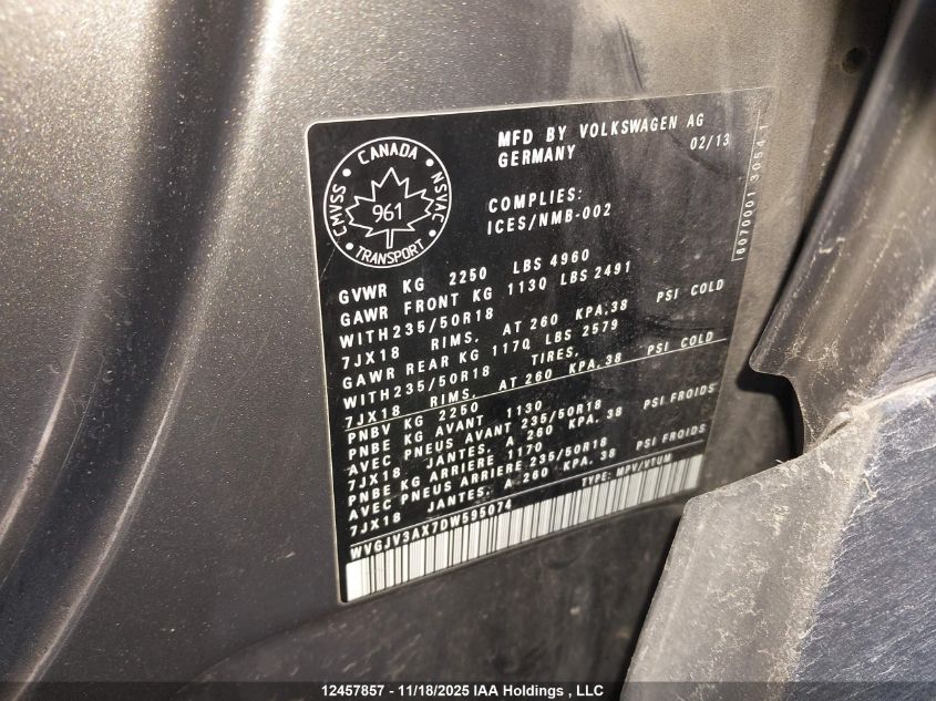 2013 Volkswagen Tiguan VIN: WVGJV3AX7DW595074 Lot: 12457857