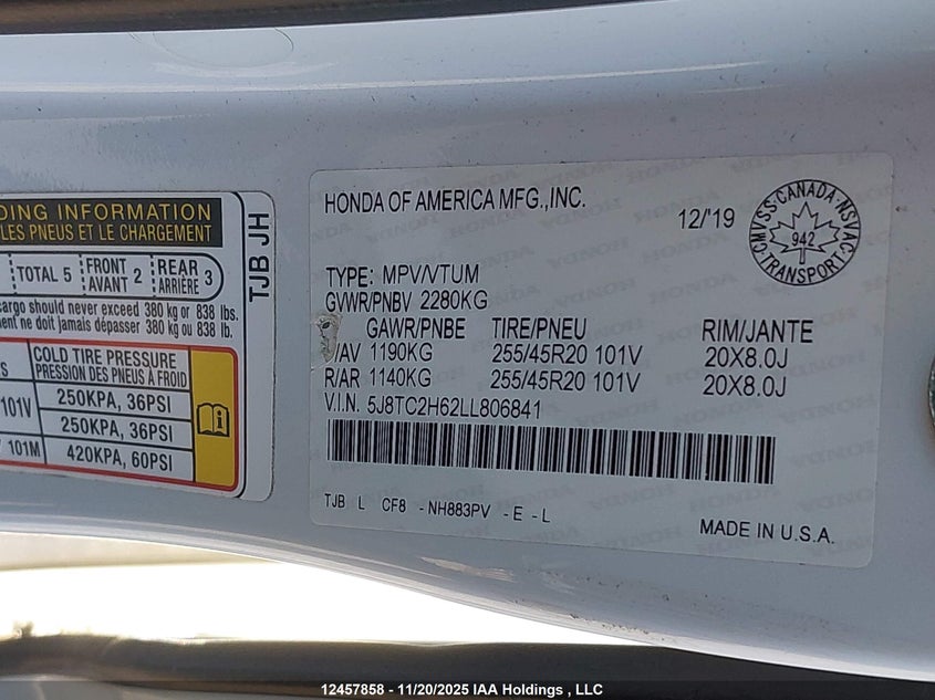 2020 Acura Rdx A-Spec VIN: 5J8TC2H62LL806841 Lot: 12457858