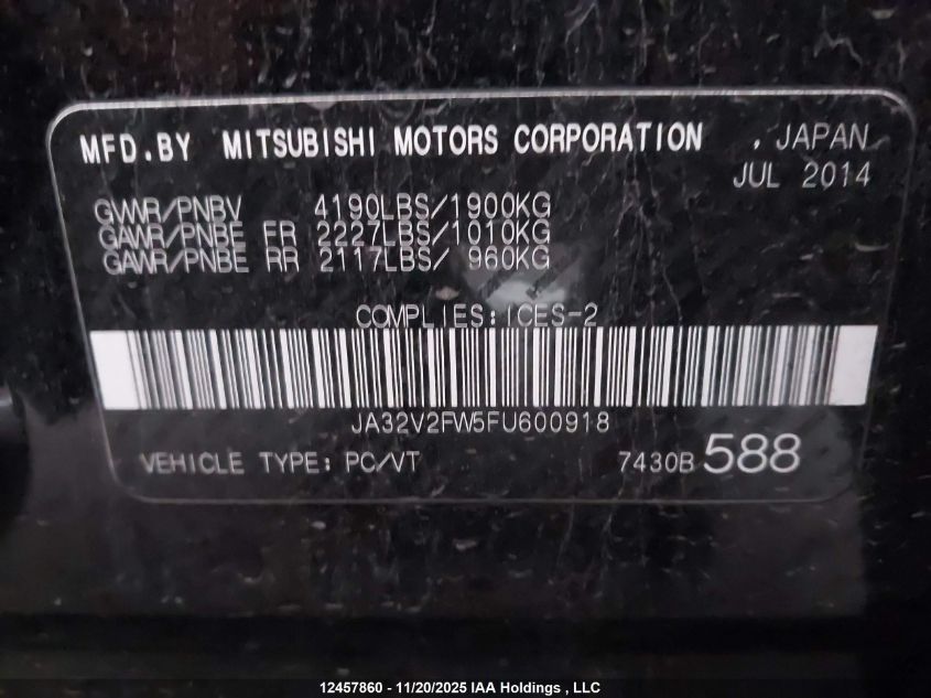 2015 Mitsubishi Lancer VIN: JA32V2FW5FU600918 Lot: 12457860