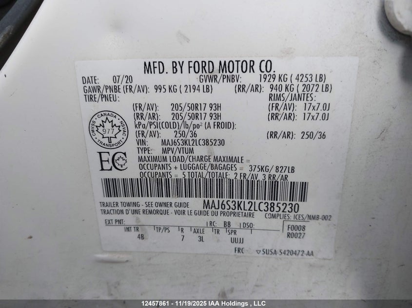 2020 Ford Ecosport Titanium VIN: MAJ6S3KL2LC385230 Lot: 12457861