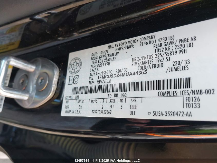 2021 Ford Escape Titanium Hybrid VIN: 1FMCU9DZ4MUA44365 Lot: 12457864