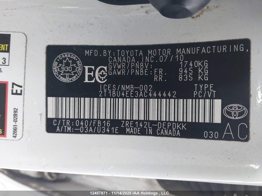 2010 Toyota Corolla S/Le/Xle VIN: 2T1BU4EE3AC444442 Lot: 12457871