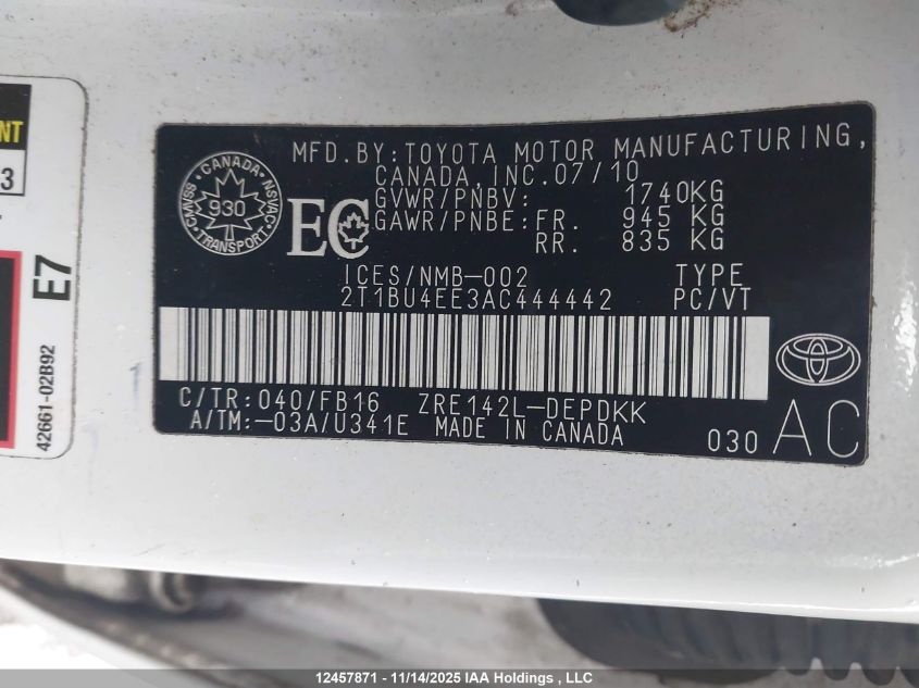 2010 Toyota Corolla S/Le/Xle VIN: 2T1BU4EE3AC444442 Lot: 12457871