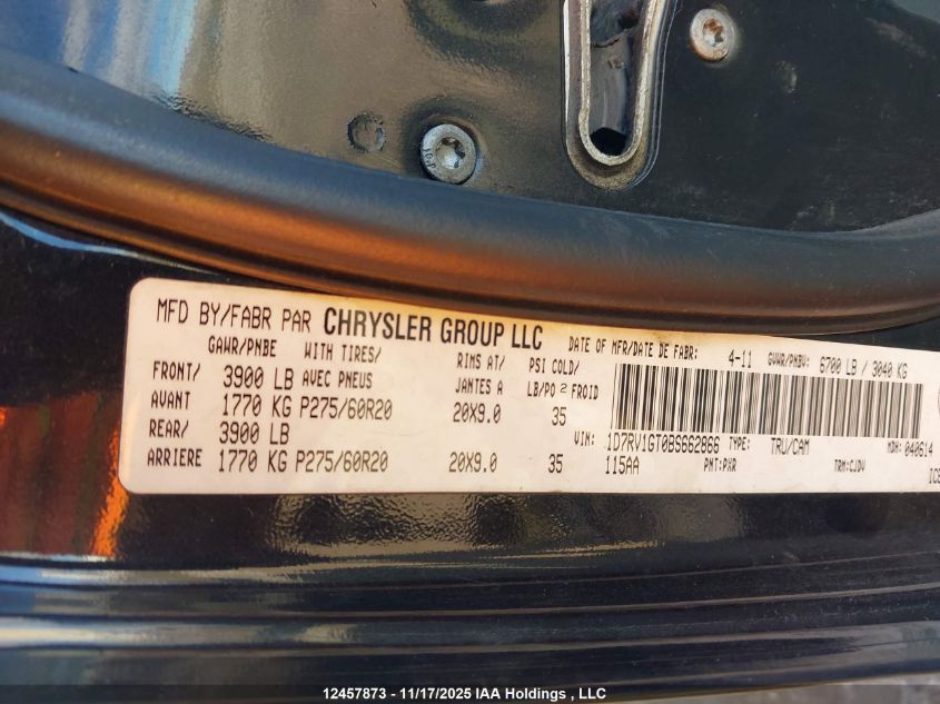 2011 Dodge Ram 1500 VIN: 1D7RV1GT0BS662866 Lot: 12457873