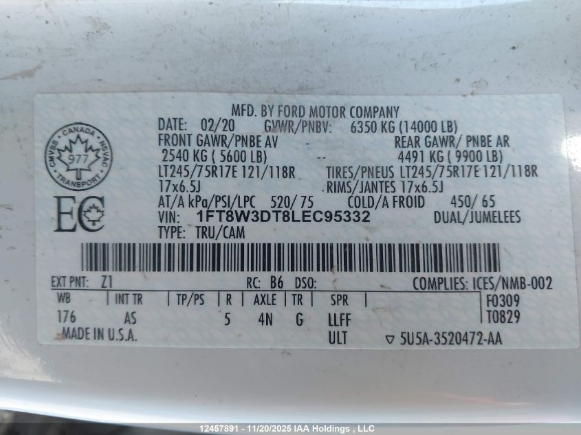 2020 Ford Super Duty F-350 Drw Xl VIN: 1FT8W3DT8LEC95332 Lot: 12457891