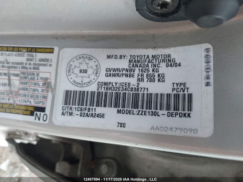 2004 Toyota Corolla Ce/Le/Sport VIN: 2T1BR32E34C838771 Lot: 12457894