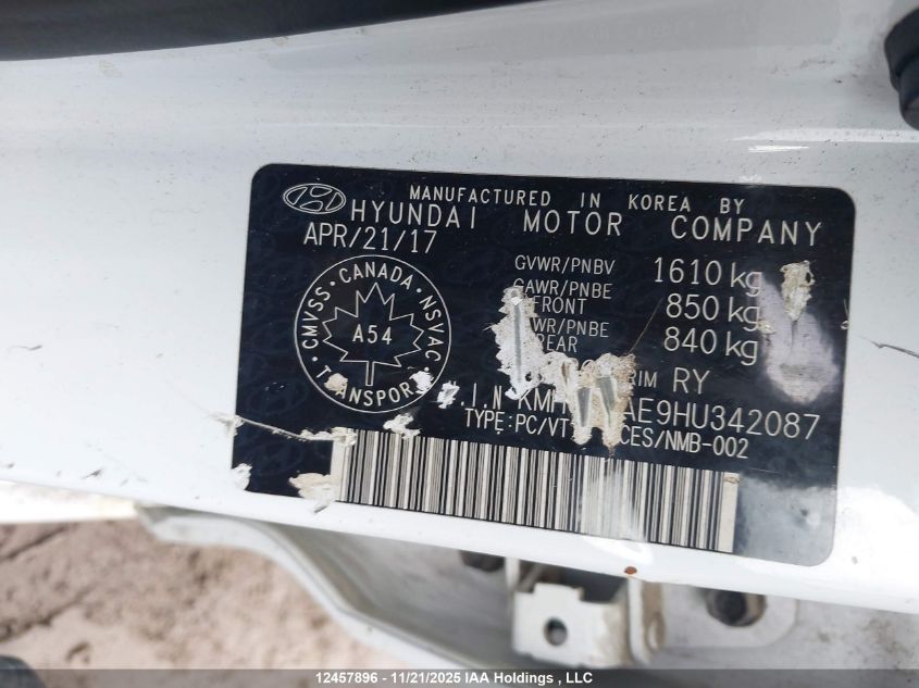 2017 Hyundai Accent VIN: KMHCT5AE9HU342087 Lot: 12457896