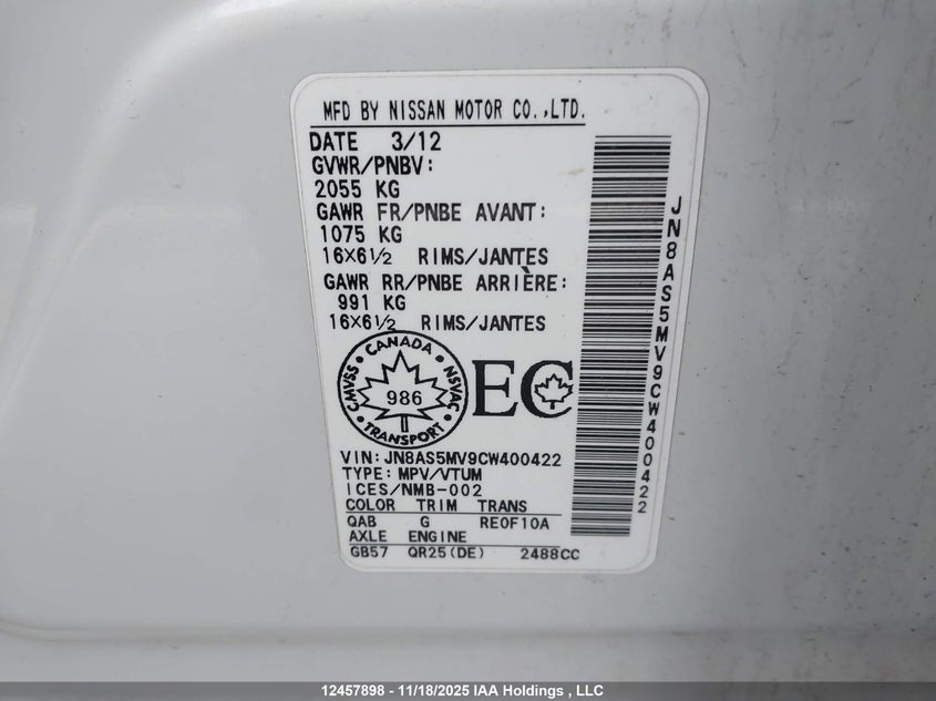 JN8AS5MV9CW400422 2012 NISSAN ROGUE photo no. 9
