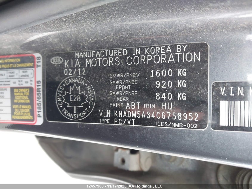 2012 Kia Rio Lx VIN: KNADM5A34C6758952 Lot: 12457903