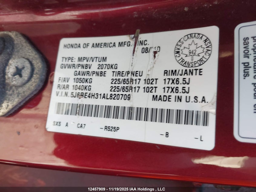 5J6RE4H31AL820709 2010 HONDA CR-V photo no. 9