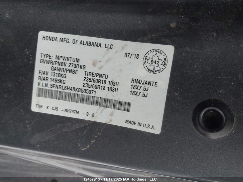 5FNRL6H48KB505071 2019 HONDA ODYSSEY photo no. 9