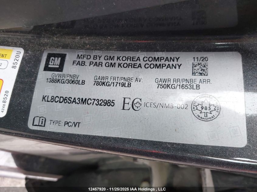 2021 Chevrolet Spark 1Lt VIN: KL8CD6SA3MC732985 Lot: 12457920