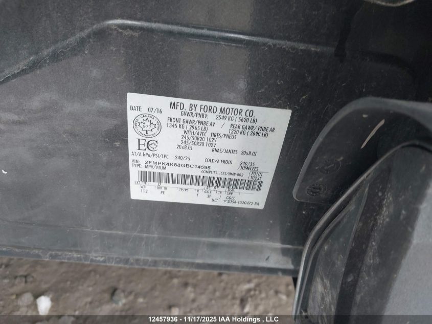 2016 Ford Edge Titanium VIN: 2FMPK4K88GBC14595 Lot: 12457936