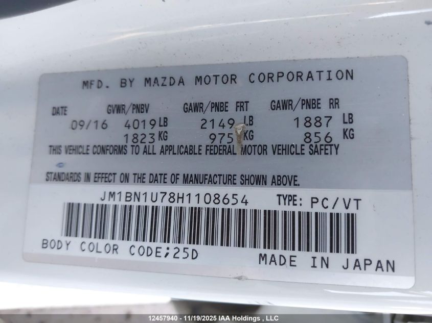 2017 Mazda 3 Sport VIN: JM1BN1U78H1108654 Lot: 12457940