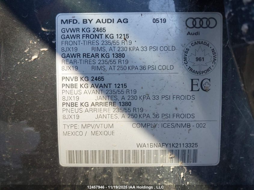 2019 Audi Q5 45 Progressiv VIN: WA1BNAFY1K2113325 Lot: 12457946