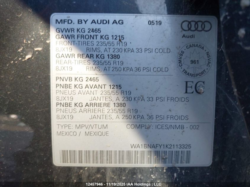 2019 Audi Q5 45 Progressiv VIN: WA1BNAFY1K2113325 Lot: 12457946