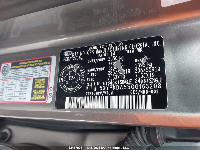 2016 Kia Sorento 3.3L Sx/3.3L Sx+ VIN: 5XYPKDA55GG163208 Lot: 12457976