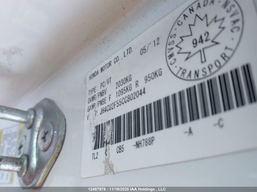 2012 Acura Tsx VIN: JH4CU2F55CC802044 Lot: 12457978