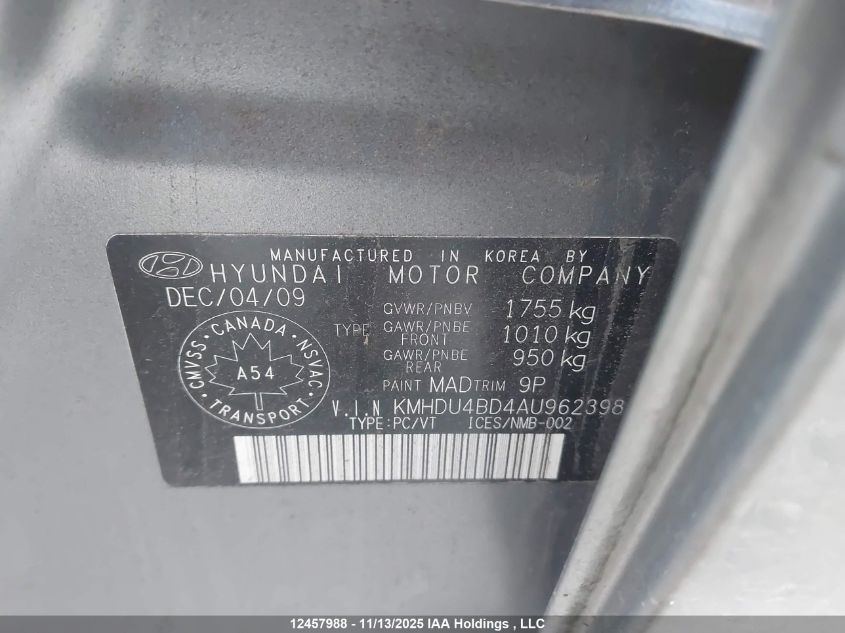 2010 Hyundai Elantra Gl VIN: KMHDU4BD4AU962398 Lot: 12457988