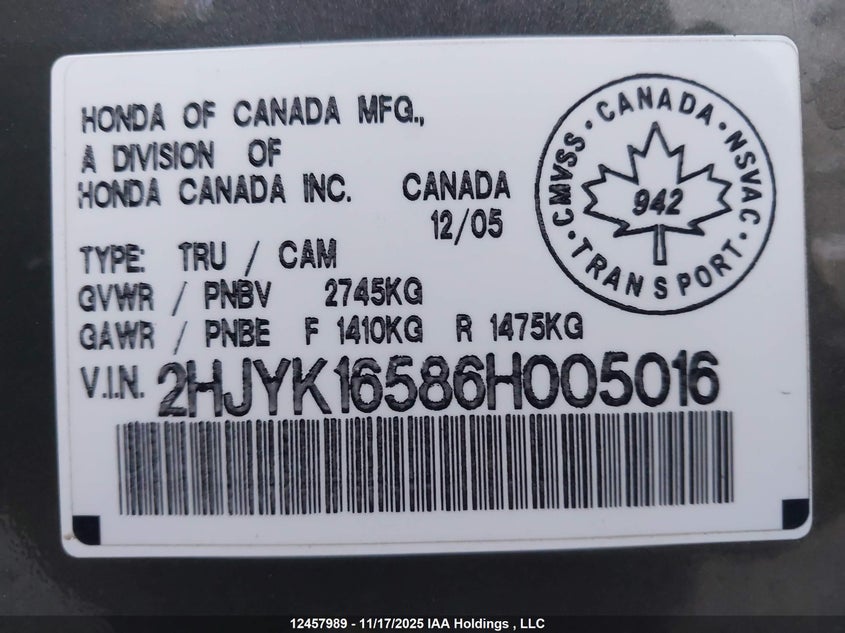 2006 Honda Ridgeline Rtl VIN: 2HJYK16586H005016 Lot: 12457989