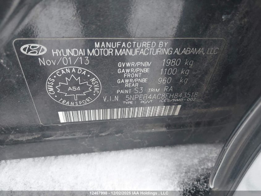 2014 Hyundai Sonata Gls VIN: 5NPEB4AC8EH843518 Lot: 12457998