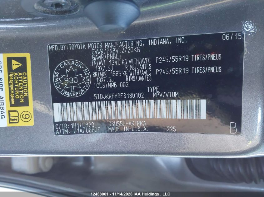 2015 Toyota Highlander Xle VIN: 5TDJKRFH9FS180102 Lot: 12458001