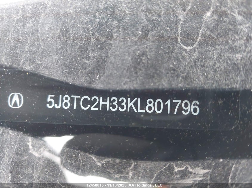 2019 Acura Rdx VIN: 5J8TC2H33KL801796 Lot: 12458015