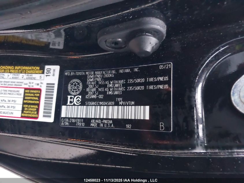 2021 Toyota Sienna Le/Xle/Xse/Limited/Platinum VIN: 5TDGRKEC1MS045809 Lot: 12458023