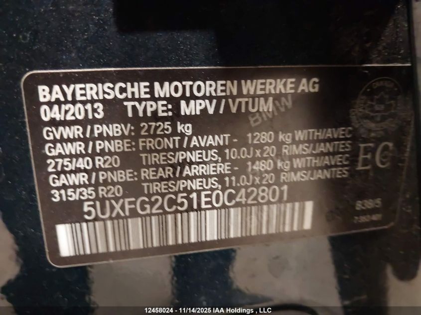 2014 BMW X6 xDrive35I VIN: 5UXFG2C51E0C42801 Lot: 12458024