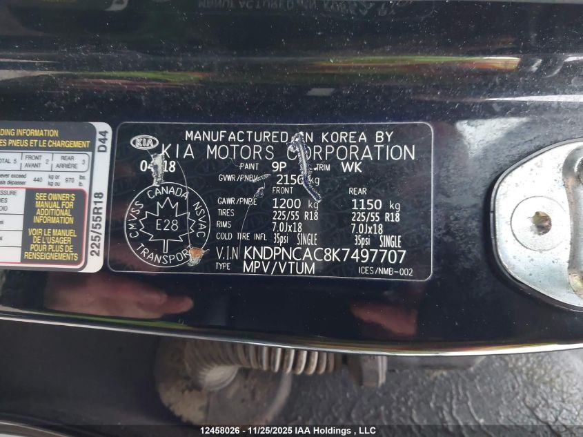 2019 Kia Sportage Ex VIN: KNDPNCAC8K7497707 Lot: 12458026