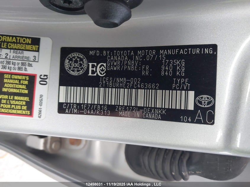 2T1BURHE2FC463662 2015 TOYOTA COROLLA photo no. 9
