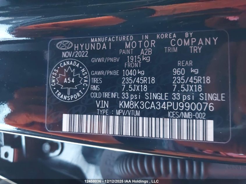 2023 Hyundai Kona N Line VIN: KM8K3CA34PU990076 Lot: 12458036