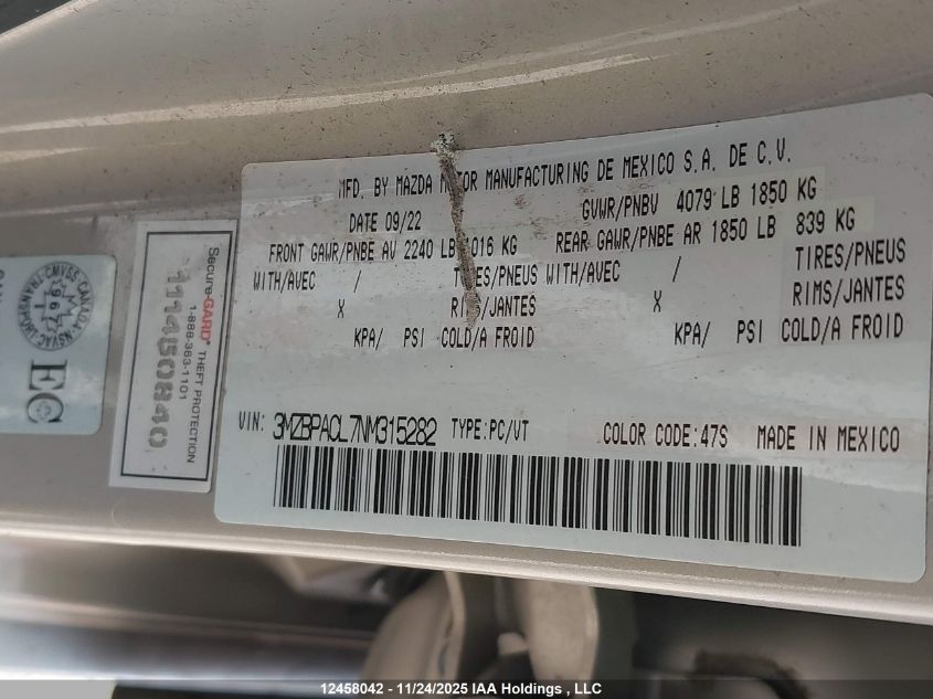2022 Mazda Mazda3 VIN: 3MZBPACL7NM315282 Lot: 12458042