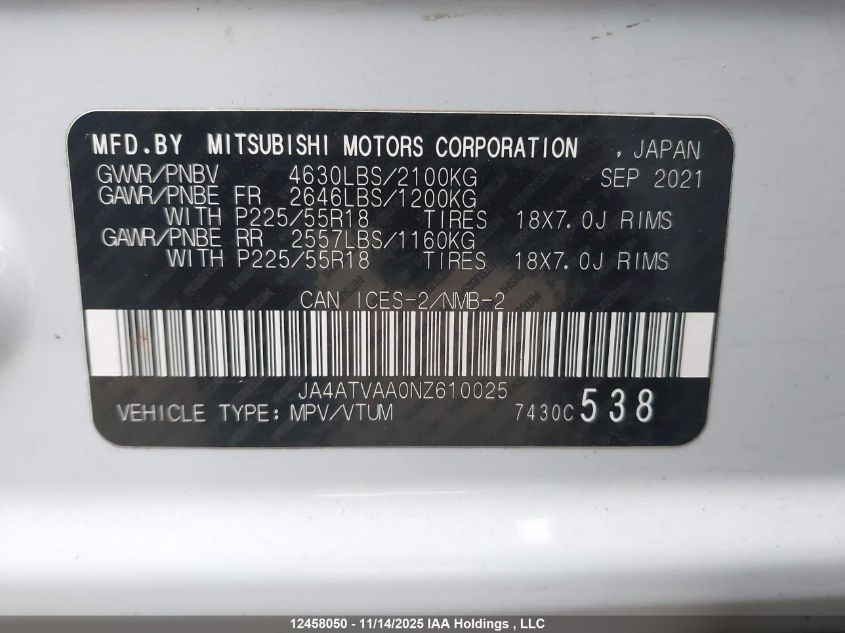 2022 Mitsubishi Eclipse Cross Le VIN: JA4ATVAA0NZ610025 Lot: 12458050