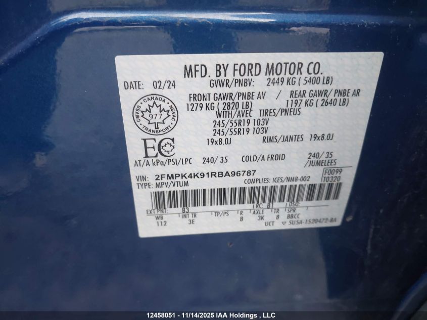 2024 Ford Edge Titanium VIN: 2FMPK4K91RBA96787 Lot: 12458051