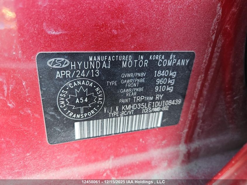 2013 Hyundai Elantra Gt VIN: KMHD35LE1DU108439 Lot: 12458061