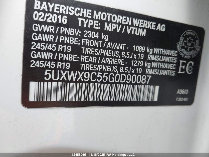 2016 BMW X3 xDrive28I VIN: 5UXWX9C55G0D90087 Lot: 12458065